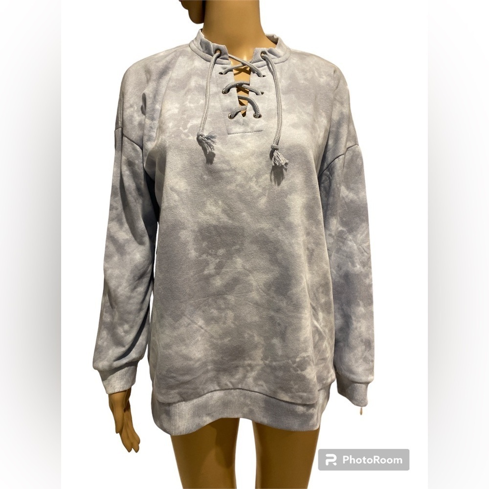 Olive + Oak Pull Over Sweater V Neck Tie-up Size S Blue Tie Dye
